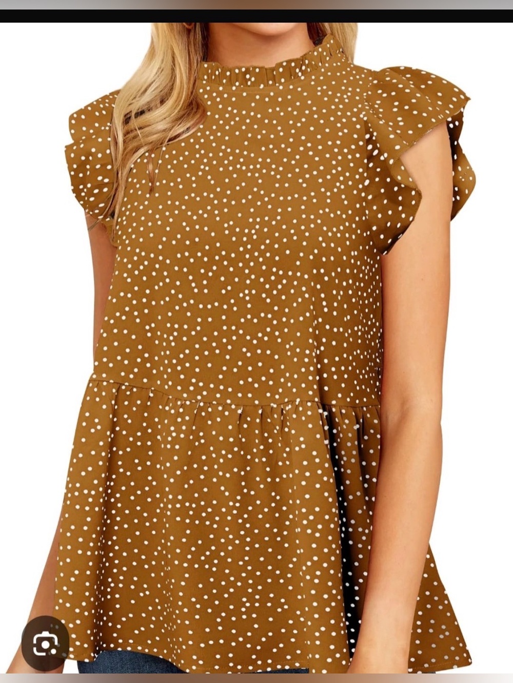 Polka Dot Ruffle Sleeve Peplum Top - Mustard